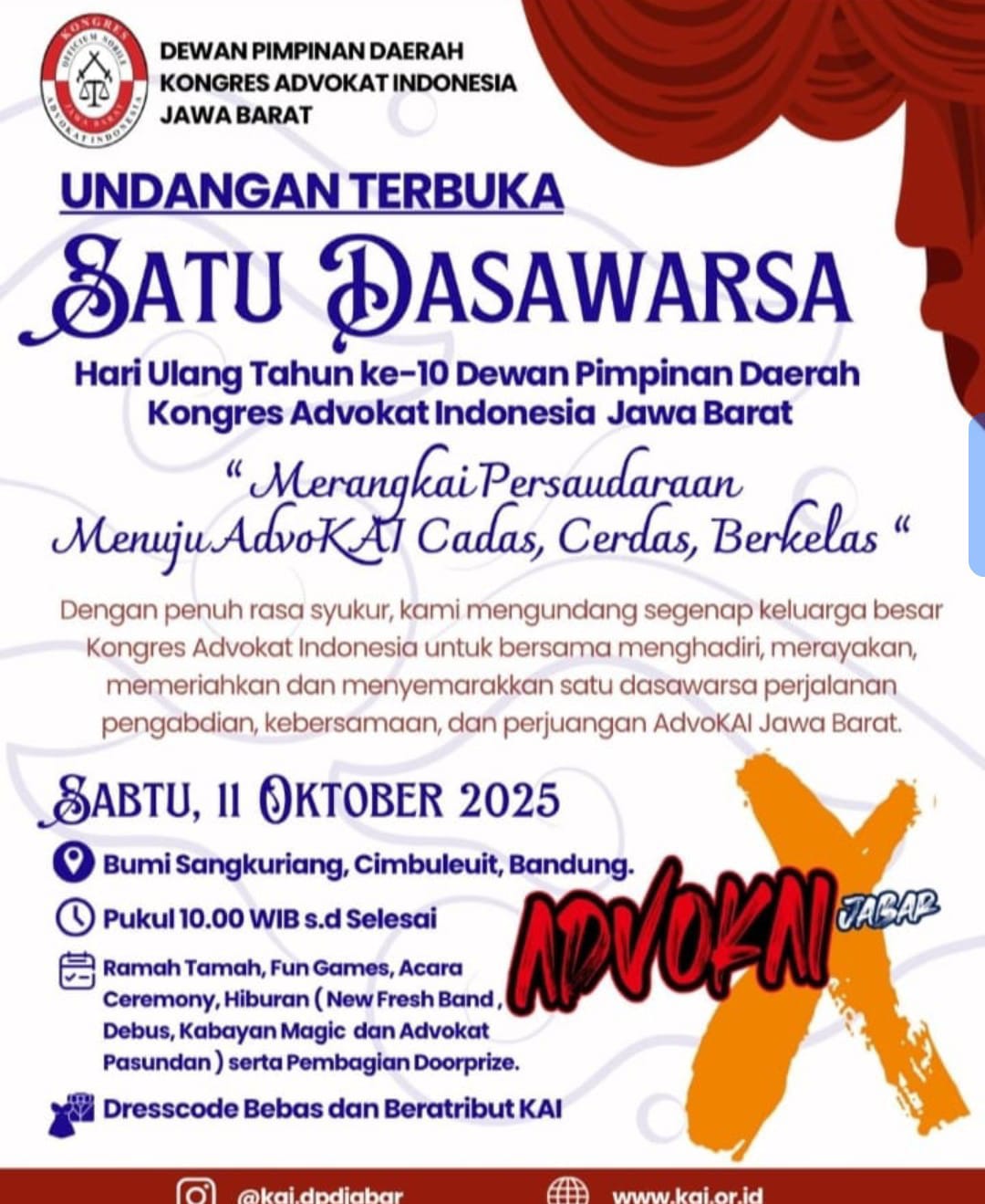 Usung Tema : “Merangkai  Persaudaraan Menuju Advokat Cadas, Cerdas dan Berkelas”, DPD KAI Jabar Rayakan HUT ke Dasawarsa