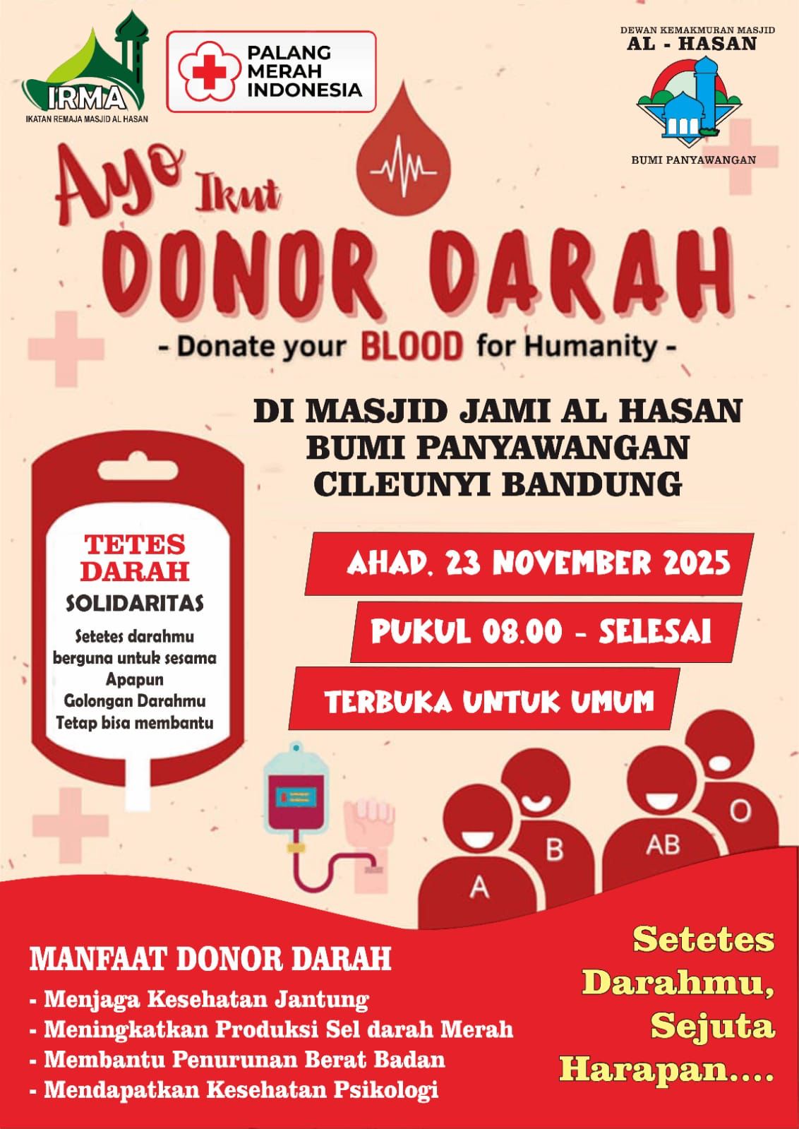 Terbuka untuk Umum, IRMA dan DKM Al Hasan akan Gelar Baksos Donor Darah Besok di Bumi Panyawangan Cileunyi